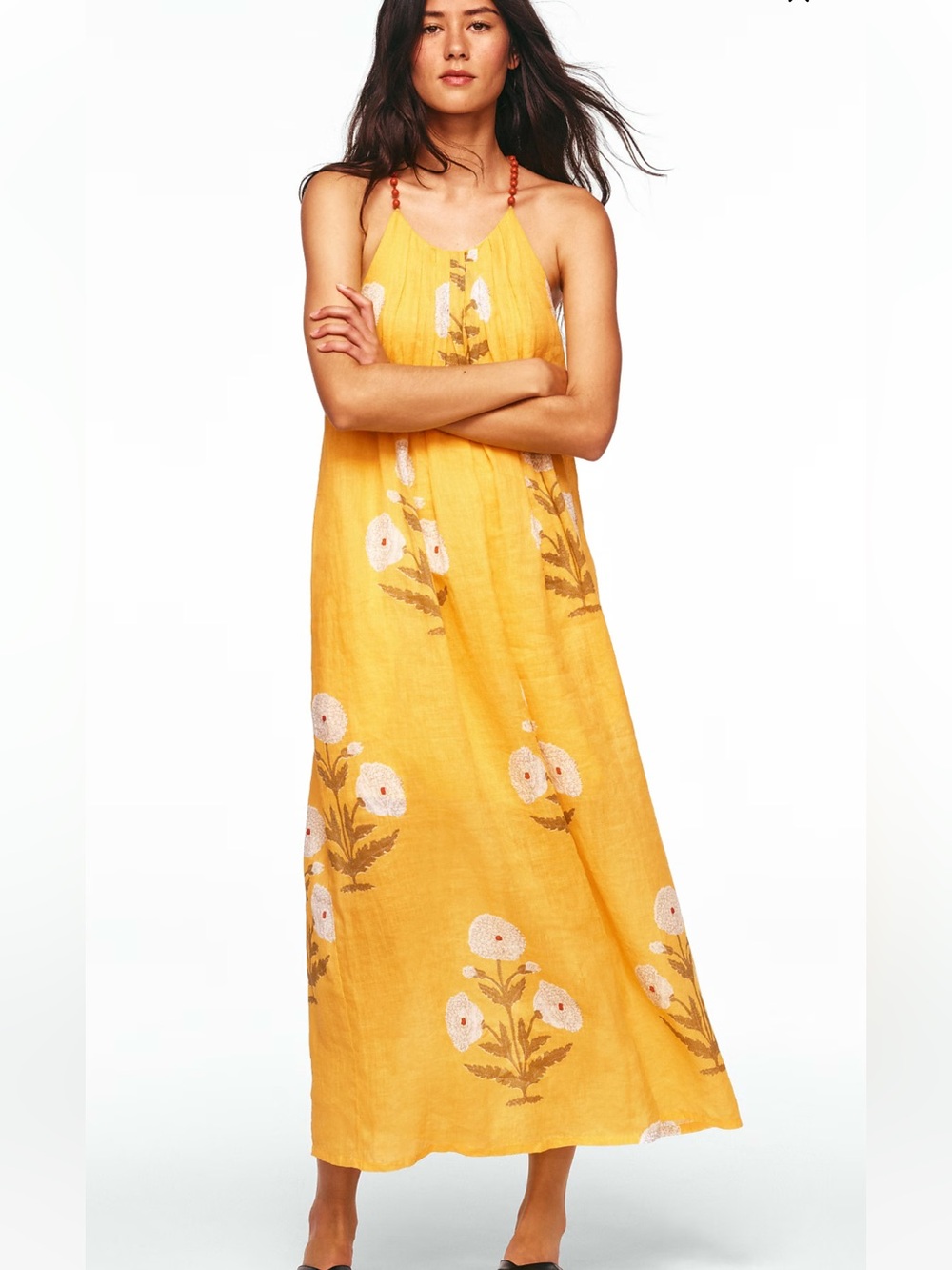 NWT J. Crew Beaded-strap dress in marigold block-print ramie Size Small